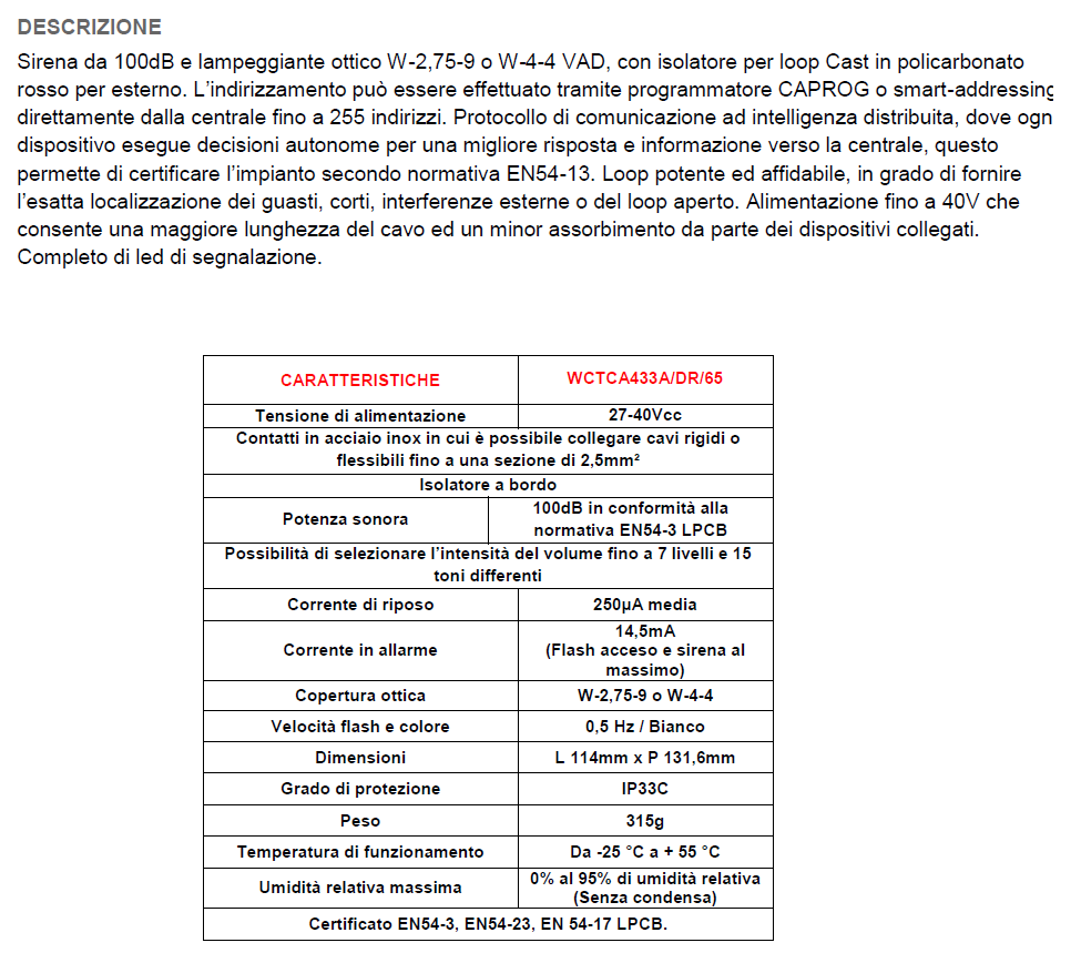 C-WCTCA433ADR65 - C-TEC Sirena lampeggiante da LOOP CAST per esterno