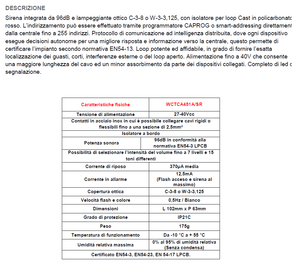 C-WCTCA451ASR - C-TEC Sirena rossa lampeggiante analogica CAST per interni