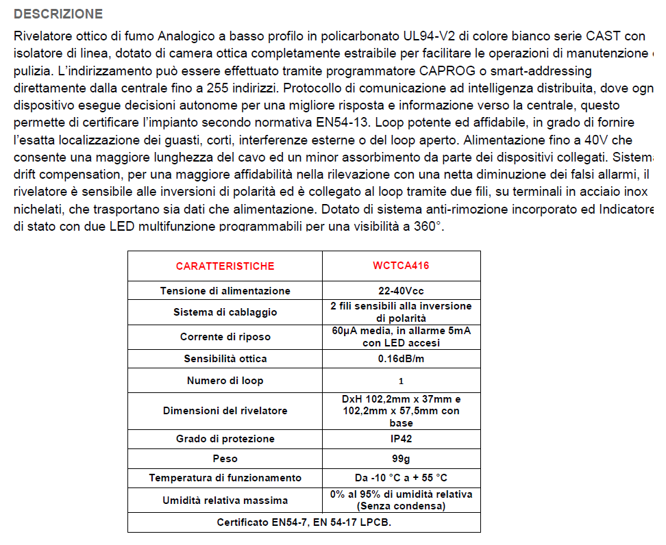 C-WCTCA416 - C-TEC Rilevatore ottico di fumo CAST